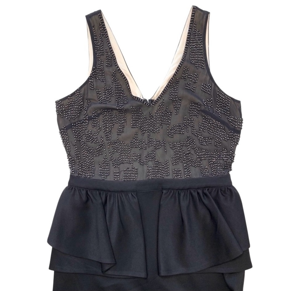 Bebe Embellished V Cut Peplum Sleeveless Black Dress Size S - Picture 4 of 12
